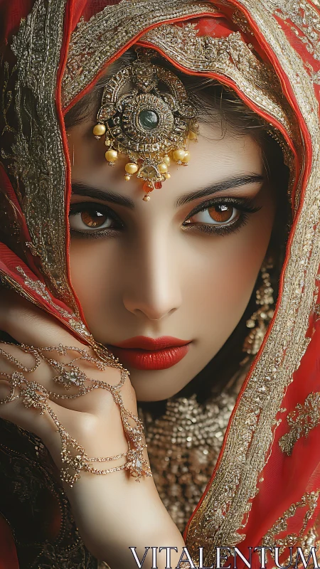 Close portrait of woman in red and gold ornate attire.