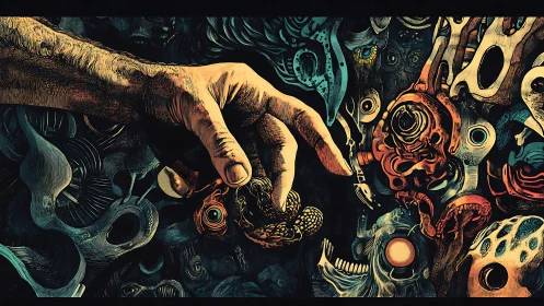 Surreal hand grasping biomorphic chaos in vivid depths.