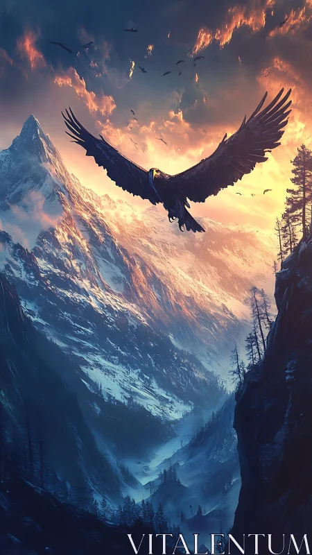 Eagle soars above snowy mountain valley at vivid sunset
