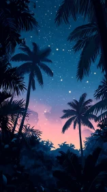Starlit tropical palms rise above dense twilight jungle