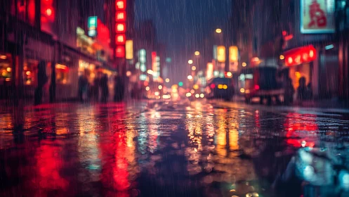 Neon droplets waltz across a rain-soaked midnight avenue