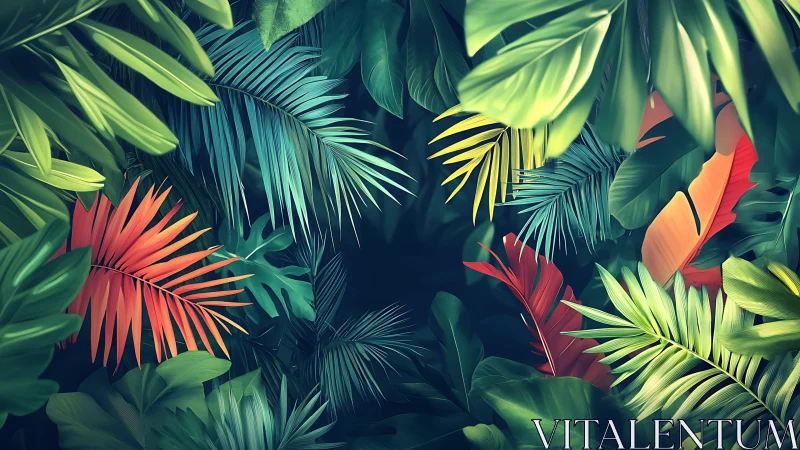 Lush jungle leaves glow in rich teal, lime, and sunset reds