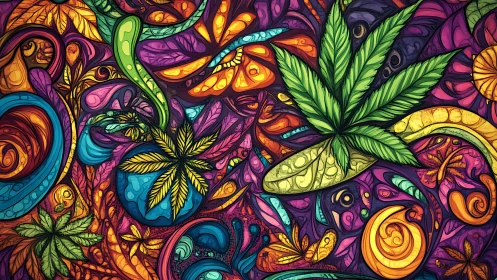 Psychedelic cannabis leaves in dense abstract swirl art.
