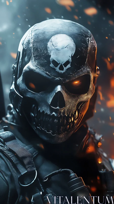 Fierce skull-helmed warrior strides through drifting embers.