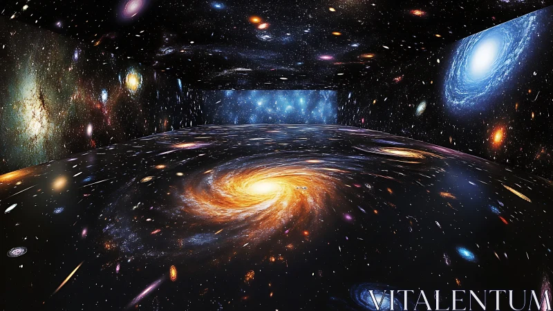Immersive galaxy room swirling with bright cosmic wonder.