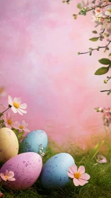 Pastel Easter eggs in grass with flowers and pink backdrop.