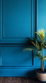 Lush potted palm rests calmly against rich teal paneled wall