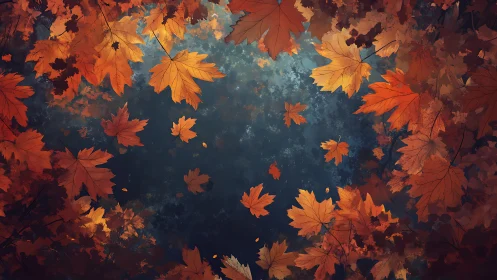 Autumn maple foliage encircles reflective water with painterly depth