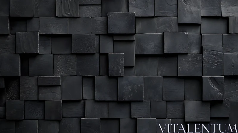 Stacked matte black square tiles forming geometric wall.