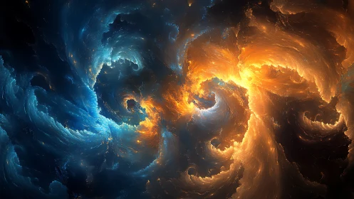 Cosmic blue and orange nebula swirling in dynamic motion.