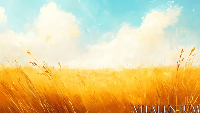 Golden wheat field stretches under bright blue sky