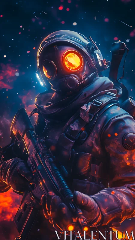 Ember-eyed space commando stalks through a storm of sparks