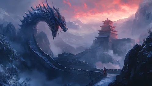 Armored ice dragon over snowbound fortress wall at dusk
