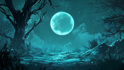 Moonlit clearing hums softly between skeletal forest shapes