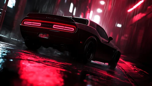 Rear-angle muscle car in neon-lit rainfall, cinematic render.