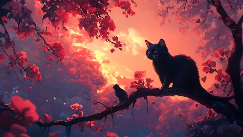 Black Cat and Bird on Branch Silhouetted Against Fiery Sunset.