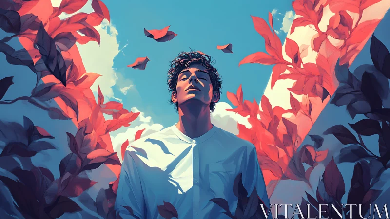Serene young man amid swirling crimson leaves under sky.