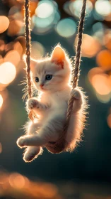 White kitten suspended on rope with bokeh background lighting.