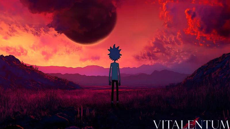 Solitary figure confronts looming eclipse in neon dusk sky