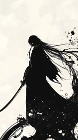 Silent swordsman silhouette rises from ink and shadow storms