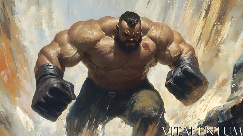 Powerful bearded brawler charges forward with colossal fists.