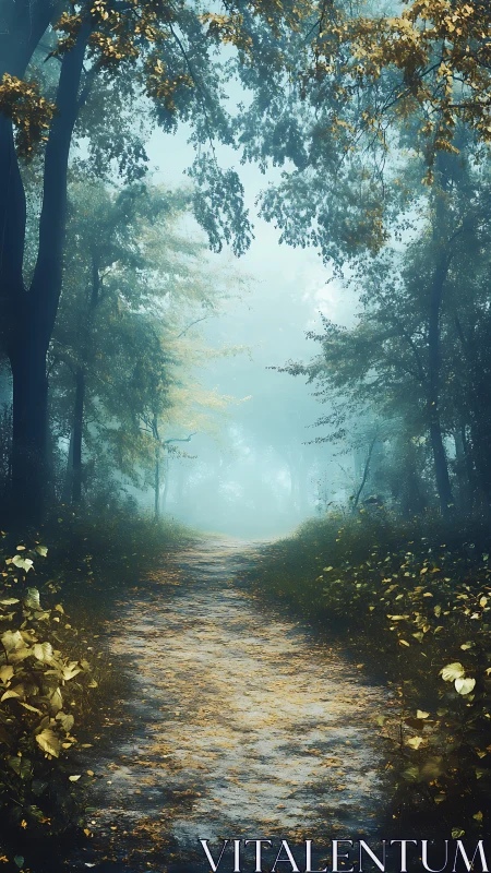 Misty Forest Path Converging Into Golden Light.
