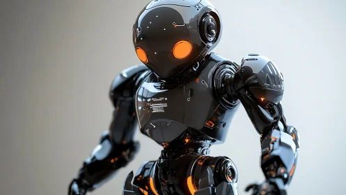 3D-rendered glossy service robot with luminous orange accents.