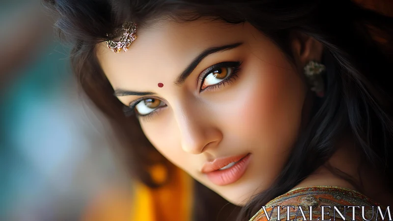 Close portrait of woman with bindi and traditional adornment.