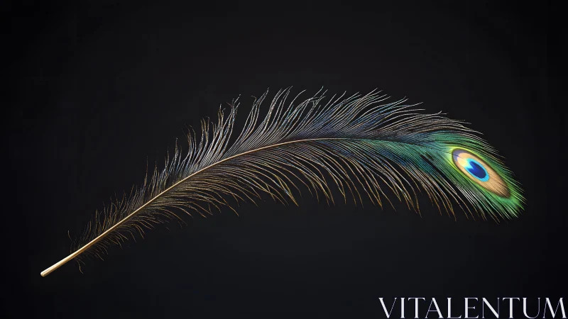 Vibrant peacock feather on black background, modern minimal style.
