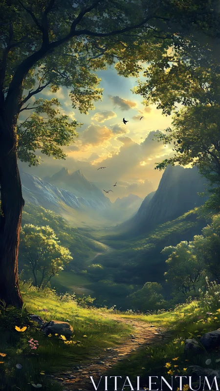 Mountain valley landscape framed by dense forest canopy with golden skylight