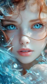 Ocean-eyed portrait entwined with crystalline waterscape.