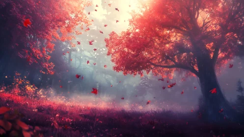 Digital forest landscape shows red foliage in diffuse light