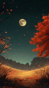 Moonlit autumn field under vivid orange foliage at night.