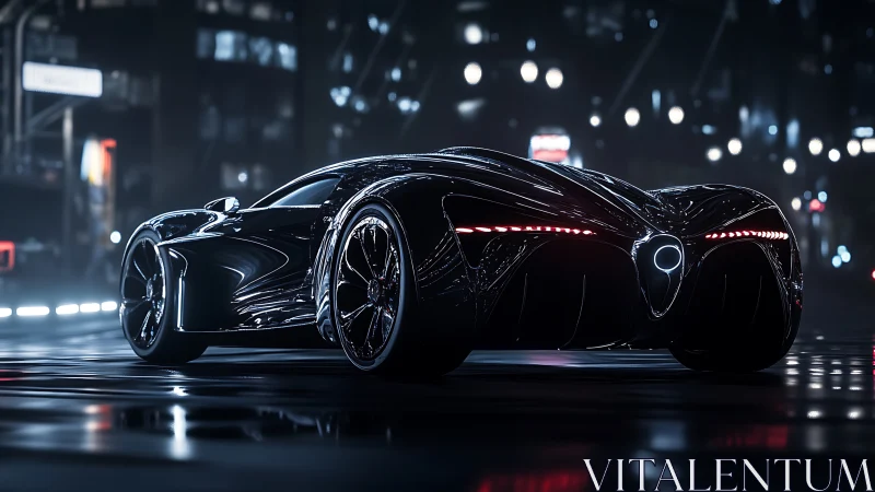 Sleek black concept car is rendered on wet city street at night