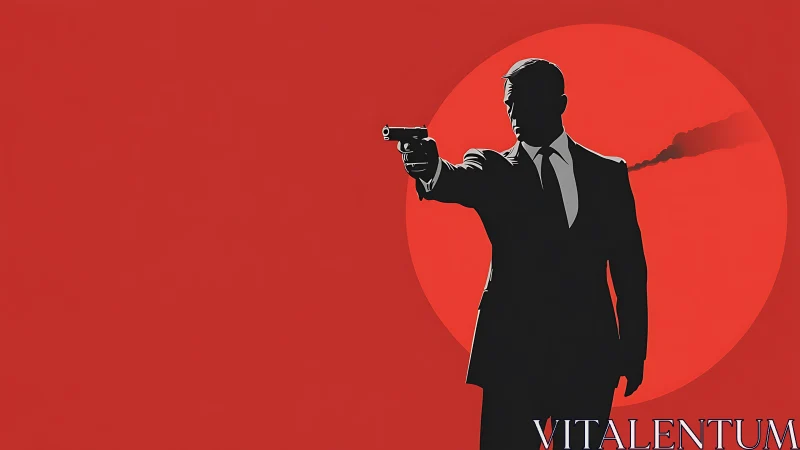 Bold silhouette of a secret agent stands against blazing red sun