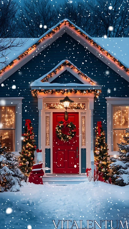 Snowy blue house with red Christmas door at dusk.