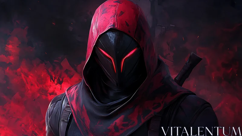 Mysterious red hooded warrior stands in swirling crimson smoke
