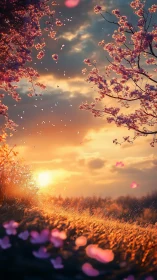 Sunlit cherry blossoms over glowing meadow at sunset sky.