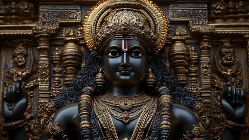 Ornate black deity sculpture renders intricate temple iconography