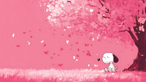 Snoopy Contemplating Cherry Blossoms in Pink Haze.