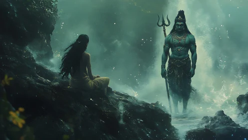 Mythic river encounter in emerald mist with divine warrior.