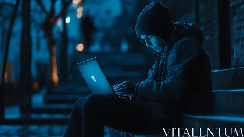 Hooded person using laptop on city steps at night scene.