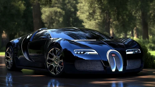 Midnight hypercar prowls a forest road in chrome-black armor.
