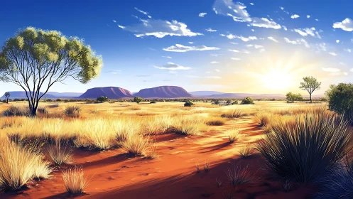 Sunlit red desert plain with spinifex grass and distant mesas