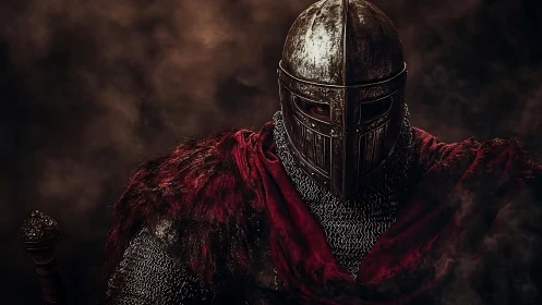 Armored medieval knight in chainmail, fur mantle, red cloak