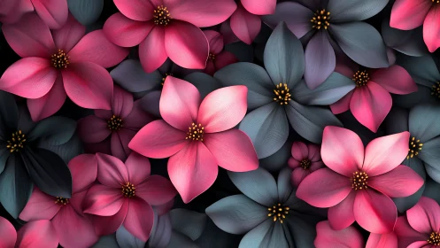 Digital floral composition with pink and blue flowers.