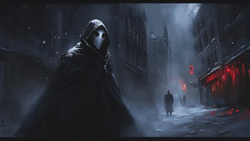 Midnight plague doctor drifts through a neon drowned fog