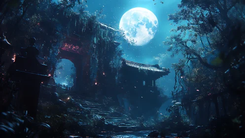 Lunar-illuminated temple ruins with volumetric forest lighting.