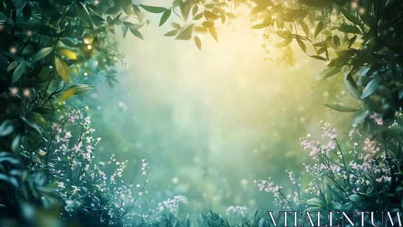 Sunlit Garden with White Flowers and Green Foliage.