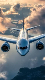 Commercial jetliner captured head-on in luminous cloudscape